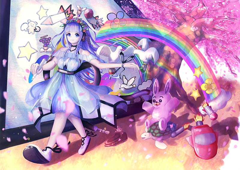 girl, rainbow, imagination, anime, art, HD wallpaper