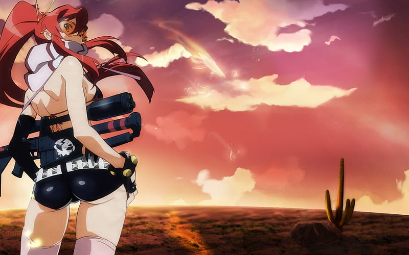 Yoko Littner, pretty, litter, character, sun glasses, gloves, gun, anime, hot, long hair, female, gurren lagann, red hair, sexy, tengen toppa gurren lagann, rifle, girl, yoko, scarf, HD wallpaper