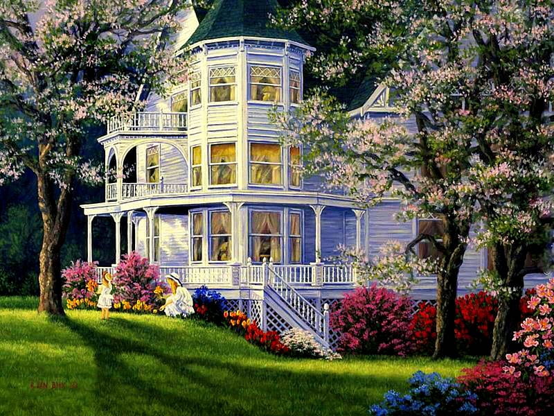 Victorian Spring, house, grass, victorian house, children, flowers, trees, yard, HD wallpaper