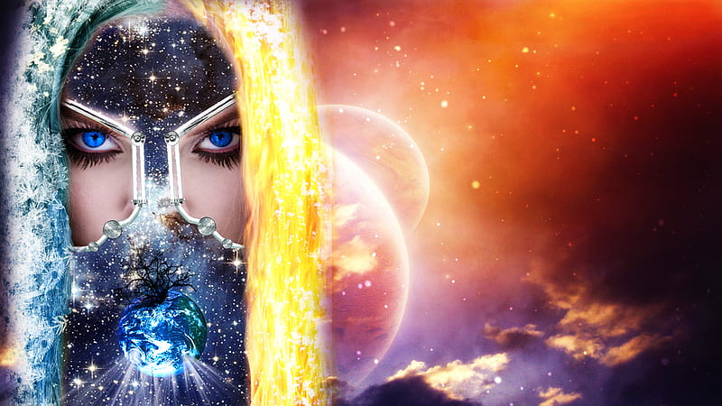 Galaxy Goddess, stars, planets, space, clouds, galaxy, fire, warrior, girl, ice, earth, HD wallpaper