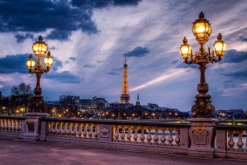 One night in Paris, evening, bridge, lights, Paris, HD wallpaper