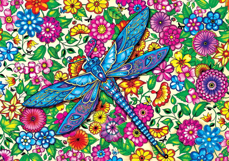 Dragonfly, libelula, colorful, luminos, fantasy, texture, summer, flower, insect, pink, blue, HD wallpaper