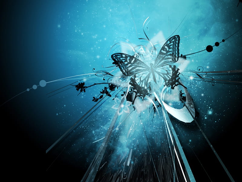 Butterfly effect, wings, black, abstract, wing, fantasy, 3d, butterfly, flower, blue, HD wallpaper