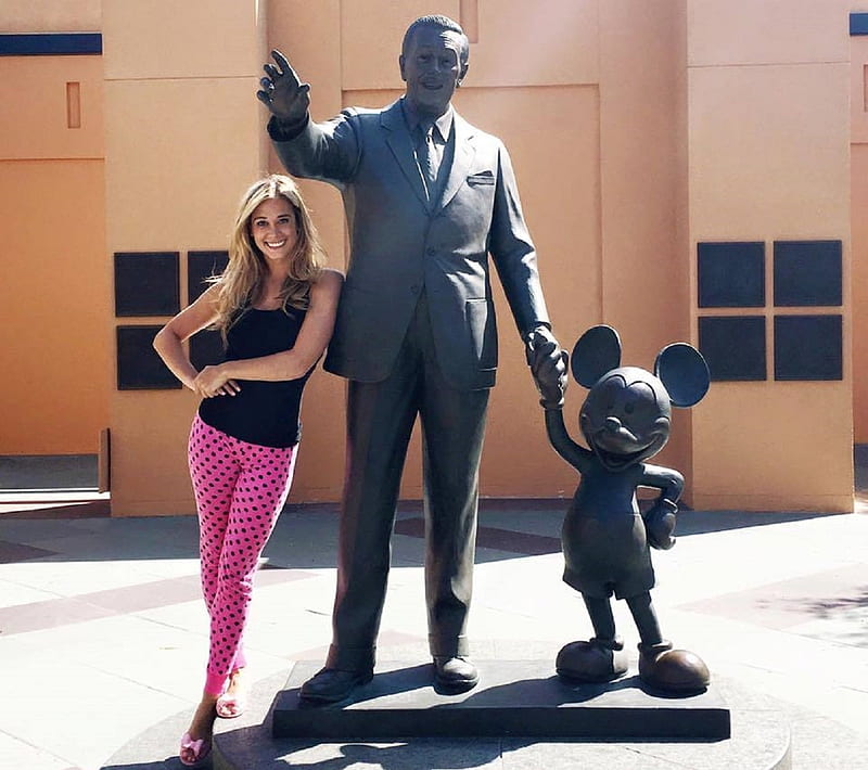 Lauren Elise, polkadots, hot pink leggings, posing by Disney and Mickey Mouse statue, blonde, black, black tank top, HD wallpaper