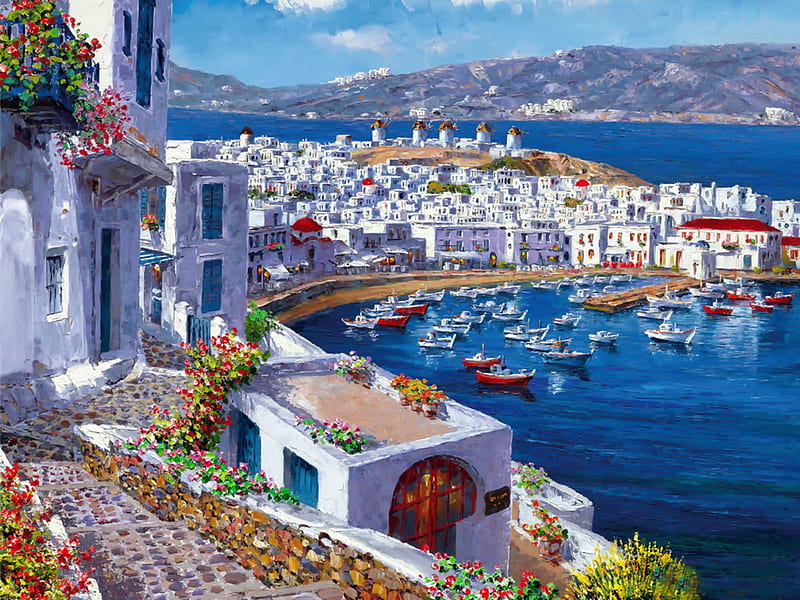 Mykonos harbor, art, exotic, view, houses, town, bonito, que, sea, Mykonos, Greece, painting, harbor, HD wallpaper