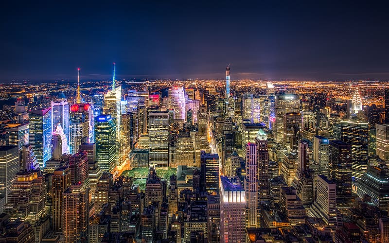 Cities, Night, City, Skyscraper, Building, Horizon, Light, Cityscape, New York, Aerial, HD wallpaper