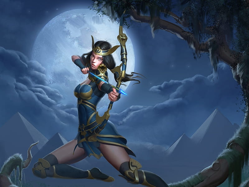 Atlantean elite archer, fantasy, moon, moon, luminos, girl, naranb, white, HD wallpaper
