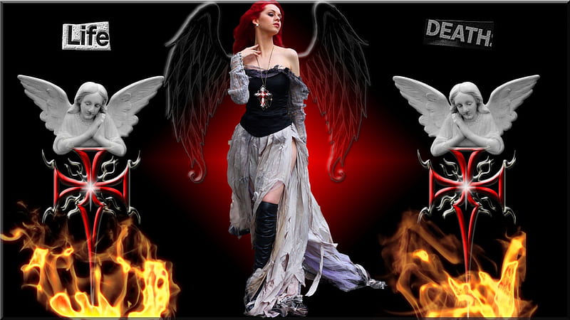 More Fun With Brushes, red headed, red, redheaded, death, life, redhead, angel, ginger, black, red head, red hair, angels, goth, fire, gothic, dark, HD wallpaper