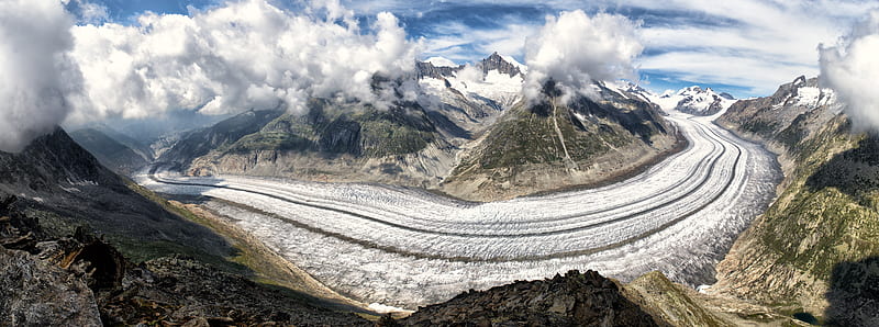 The Great Aletsch Glacier, Alps Mountains,... Ultra, Europe, Switzerland, Mountain, Clouds, Glacier, Alps, panorama, nikond7000, vertorama, aletschglacier, ptgui, HD wallpaper