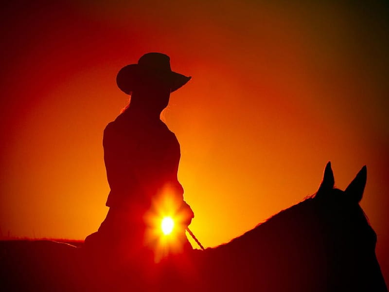 Ride Into The Sunset, female, models, hats, fun, silhouette, women, horses, sunsets, cowgirls, girls, western, style, HD wallpaper