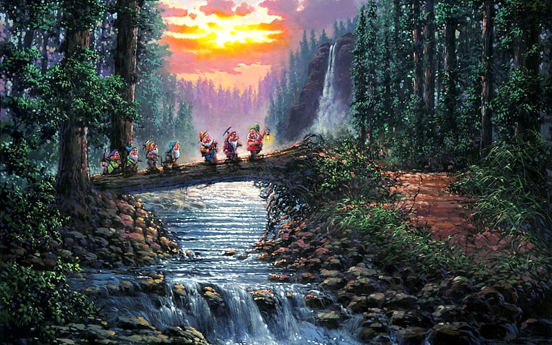 Seven Dwarfs, forest, sunset, fairytale, artwork, bridge, painting, river, reflection, disney, HD wallpaper