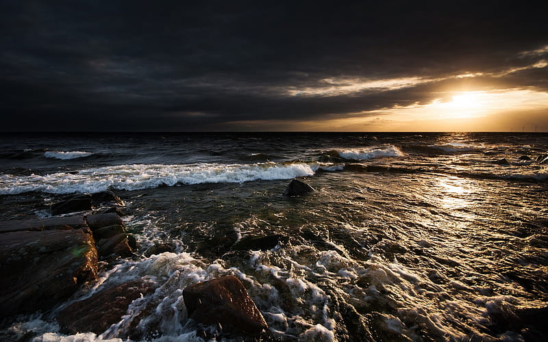 sunset, sea, coast, waves, evening, seascape, HD wallpaper