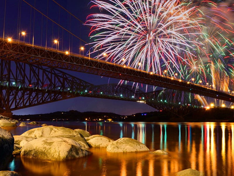 Fireworks over the night bridge, pretty, shore, bonito, lights, nice, city, stones, bridge, fireworks, river, evening, reflection, night, amazing, lovely, pier, sky, lake, water, nature, HD wallpaper