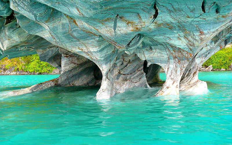 Marble caves ocean, blue water, cliffs, South America, Chile, HD wallpaper