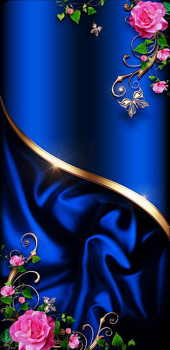RoyalSatin, blue, butterflies, butterfly, gold, golden, pink, rose, roses, royal, satin, HD phone wallpaper
