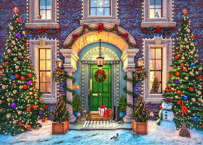 Georgian Christmas House, house, dominic davison, craciun, christmas, painting, pictura, georgian, art, iarna, winter, HD wallpaper