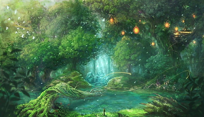 Fantasy Forest, forest, art, house, magic, lake, fantasy, magical, nature, orginal, scenery, HD wallpaper
