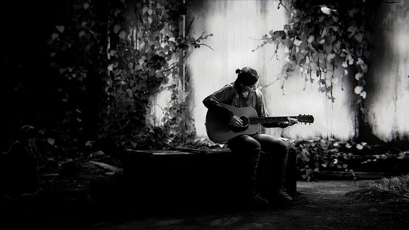 Wallpaper video game, bw, monochrome, the last of us 2, guitar