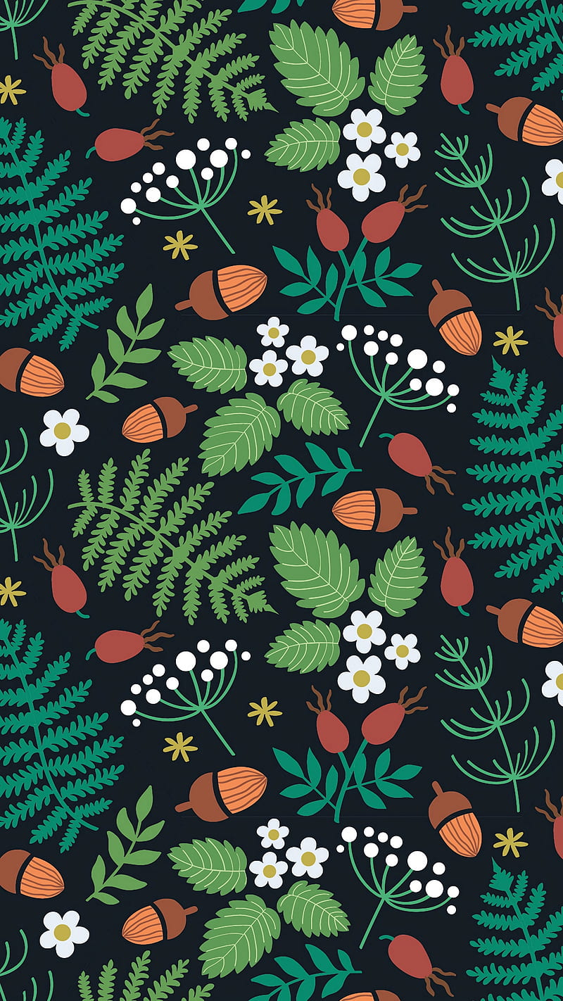 Green Leaves pattern , strawberries, acorns, berries, motif, forest, lockscreen, background, HD phone wallpaper