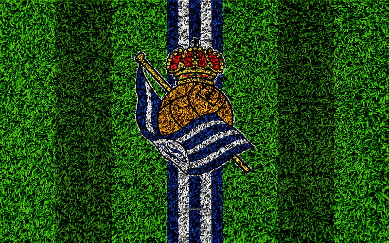 Real Sociedad logo, football lawn, Spanish football club, blue white lines, grass texture, emblem, San Sebastian, Spain, football, HD wallpaper