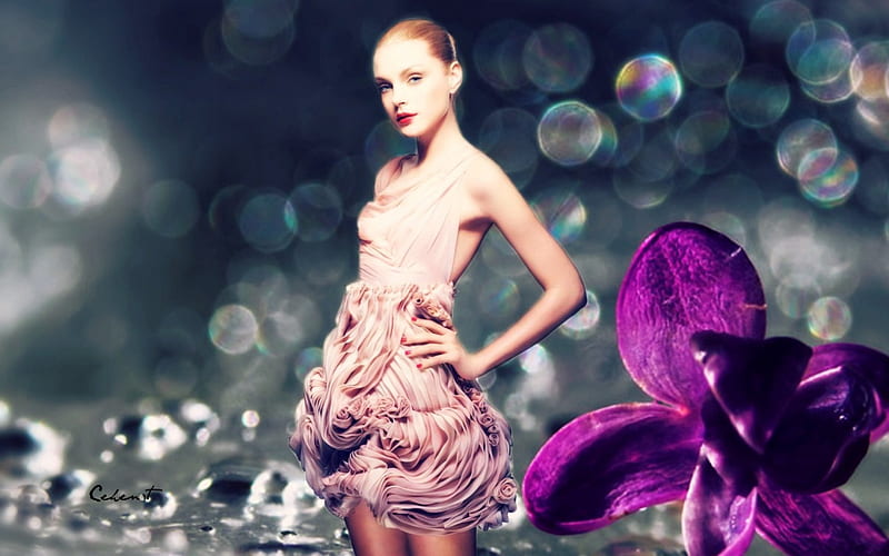 Jessica Stam, dress, model, glitter, by cehenot, woman, bokeh, girl, purple, gris, flower, pink, HD wallpaper
