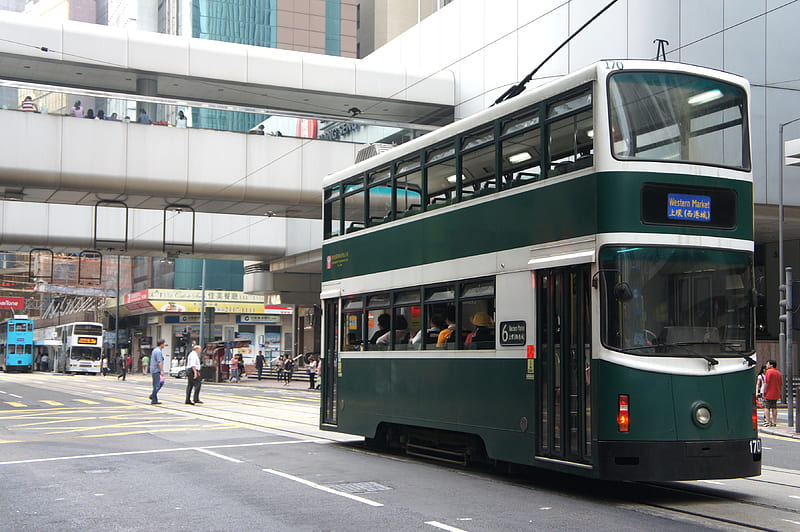Hong Kong bus service, graphy, Hong Kong, green, double-decker, road, street, bus, HD wallpaper