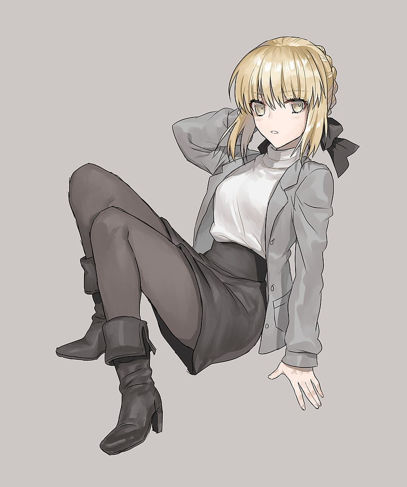Fate Series, Fate/Stay Night, FGO, fate/stay night: heaven's feel, anime girls, braided hair, long hair, pantyhose, black skirts, black ribbons, 2D, blond hair, thighs, thigh high boots, grey jacket, black boots, blushing, Arturia Pendragon, Saber Alter, curvy, yellow eyes, winter, simple background, looking at viewer, fan art, HD phone wallpaper