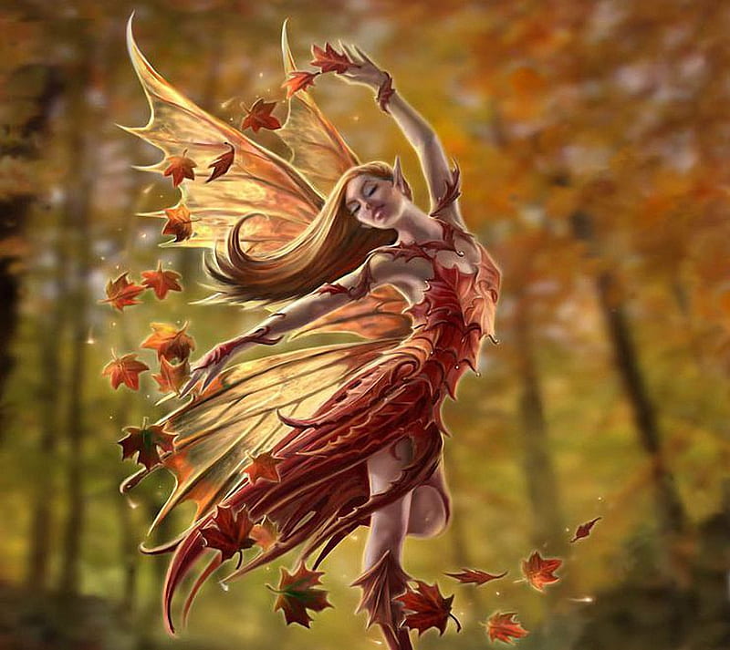 Autumn Fairy, leaves, wings, girl, forest, art, digital, HD wallpaper