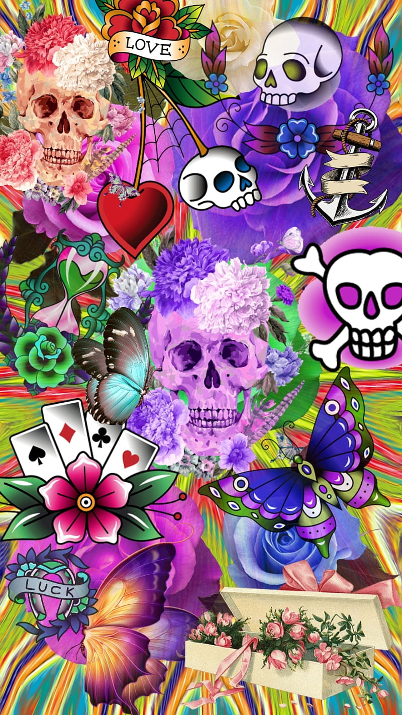 Lucky Louie, cards, colorful, game, corazones, love, poker, purple, roses, skull, sugar, HD phone wallpaper