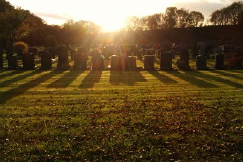 Cemetery Sunset, warm, cemetery, gravestones, shadows, headstones, sunset, HD wallpaper