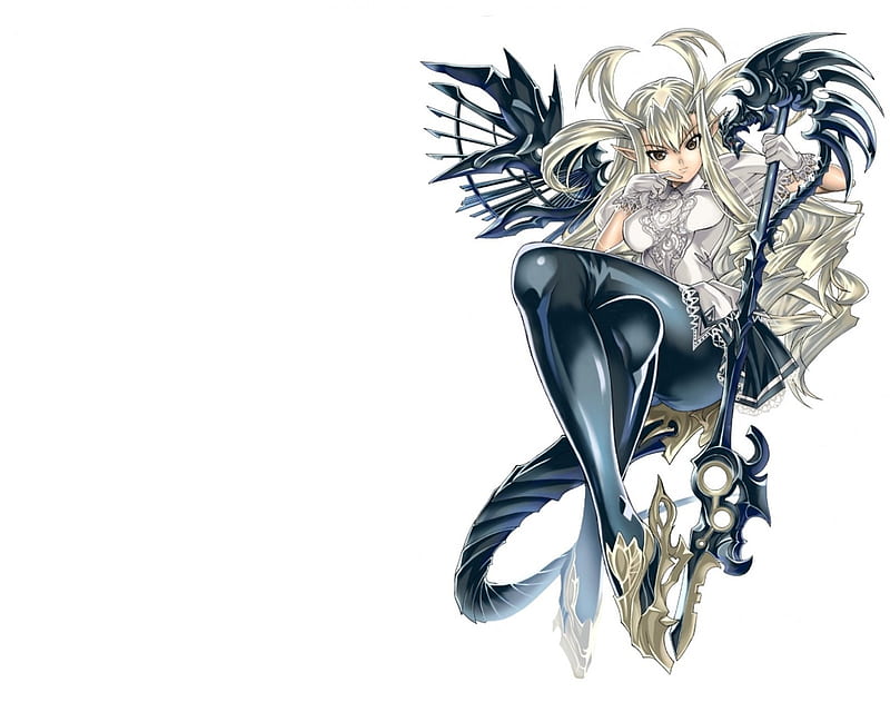 Zap Looking Dragon, staff, wing, horns, anime, hot, anime girl, weapon, long hair, female, wings, wand, rod, sexy, plain, armor, cute, girl, fantasy girl, simple, white, HD wallpaper