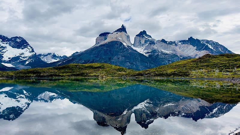 Mirador Cuernos, Torres del Paine National Park, Chile, water, rocks, clouds, reflections, landscape, sky, HD wallpaper