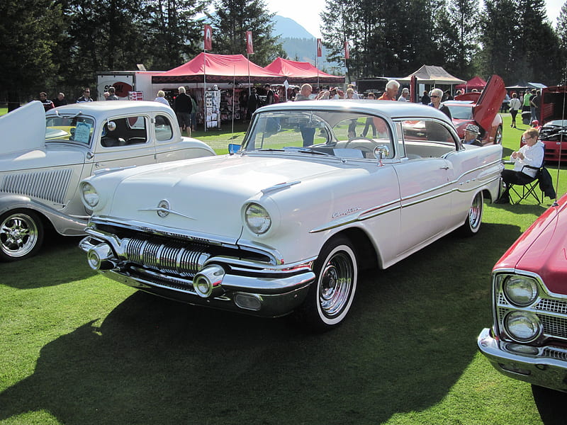1957 Pontiac Chieftain, graphy, Pontiac, white, headlights, HD wallpaper