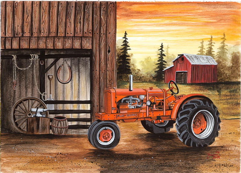 1938 Chalmers, farm, tractor, orange, driving shed, wheel, tool, barn, HD wallpaper
