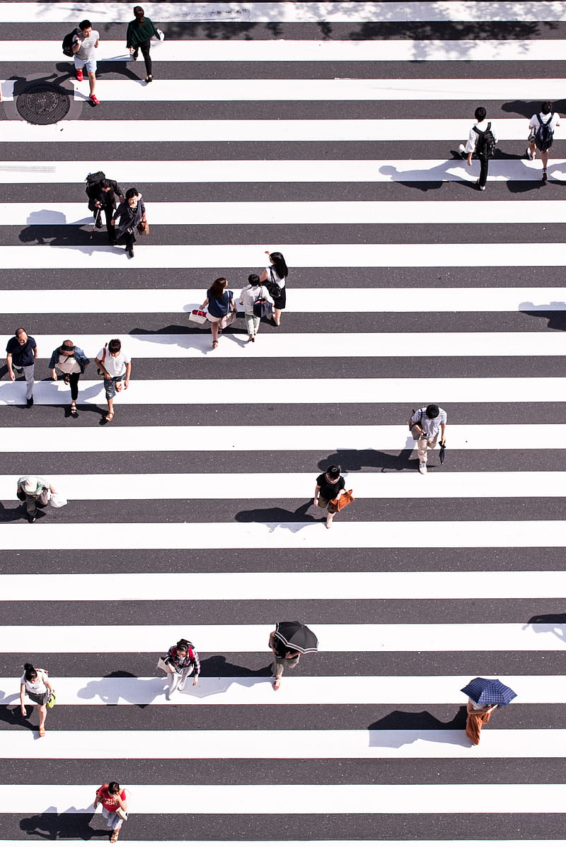 aerial view graphy of group of people walking on gray and white pedestrian lane, HD phone wallpaper
