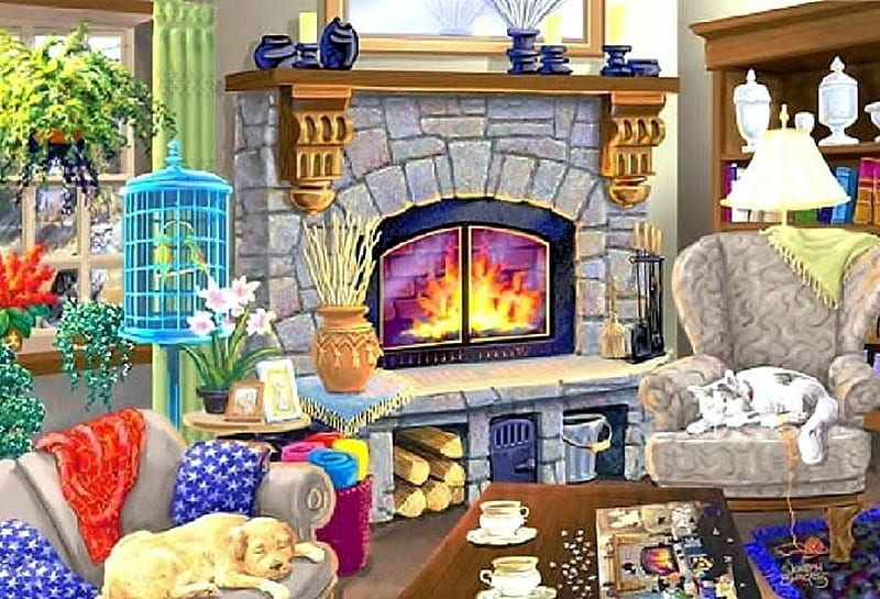 Warm and Cozy, warm, den, cozy, living room, blankets, Cottage, furniture, fireplace, drawing, painting, animals, HD wallpaper