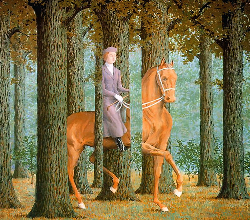 The Blank Check, forest, Magritte, art, surrealism, surrealist, equine, bonito, Rene Magritte, trees, horse, abstract, artwork, painting, wide screen, surreal, HD wallpaper