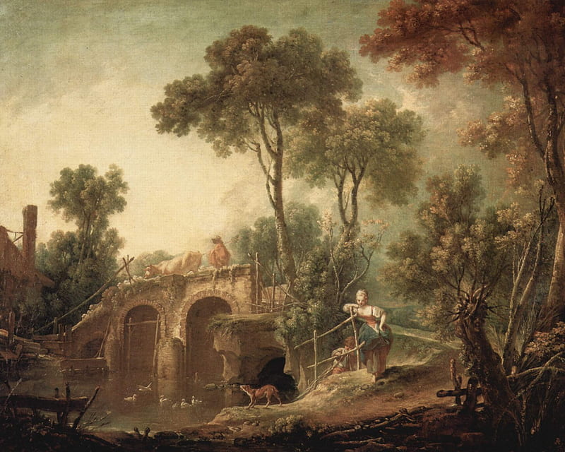 Boucher - Rural Bridge, peasant life, france, landscape, 19th century, HD wallpaper
