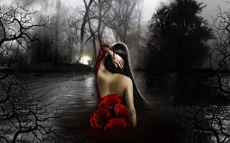 ♡இڿ-ڿڰۣ---♡, red roses, fantasy lady, woman, lake, brunette, moon, water, girl, darkness, moonlight, misty, long hair, HD wallpaper