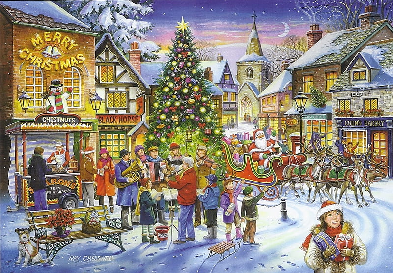 Christmas Shopping, people, houses, painting, village, shops, winter, sleigh, christmas tree, santa, snow, reindeers, HD wallpaper