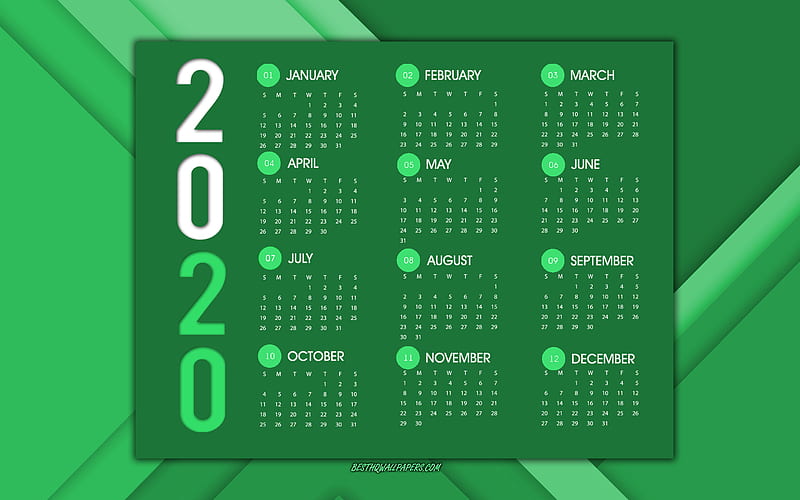 2020 Calendar, all months, green abstract background, green 2020 calendar, Year 2020 Calendar, HD wallpaper