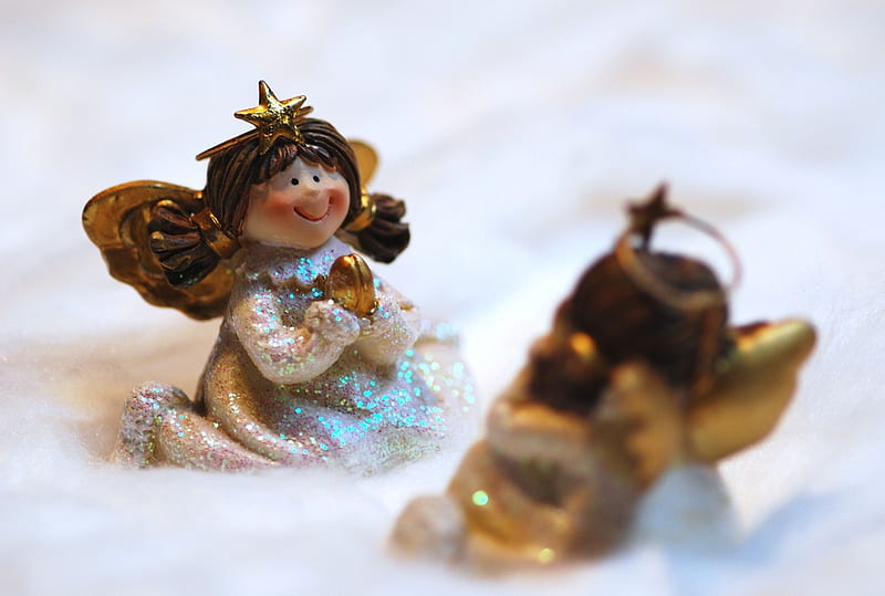 Christmas Angels, snow, decoration, figure, two angels, bonito, HD wallpaper