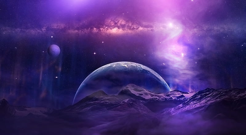 Planet Orion Ultra, Space, Artwork, planets, night sky, aurora, stars, universe, sky lights, moons, clouds, purple, mountains, galaxy, sci-fi, HD wallpaper