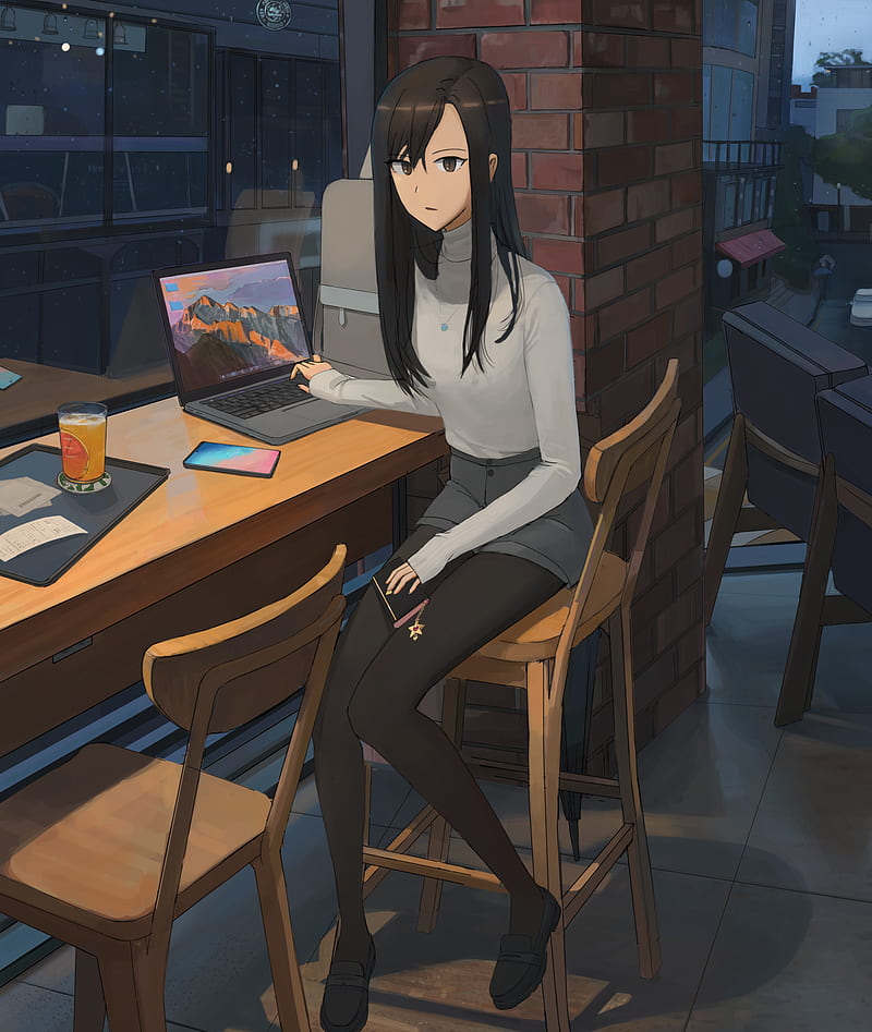 girl, sweater, laptop, work, anime, HD phone wallpaper