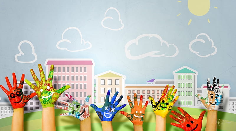 Hands of Many Colors, painted, abstract, sky, clouds, school, hands, city, bright colors, sunshine, Firefox Persona theme, HD wallpaper