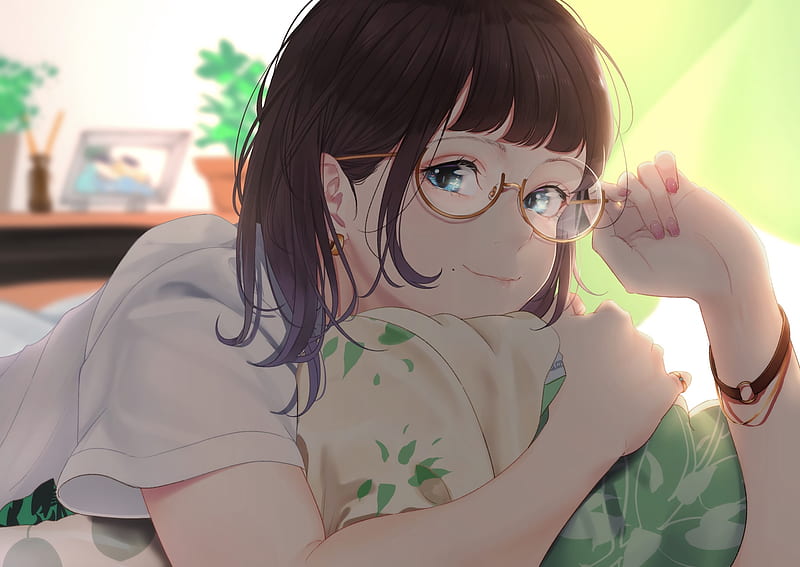 attractive anime girl, smiling, meganekko, lying down, earring, Anime, HD wallpaper