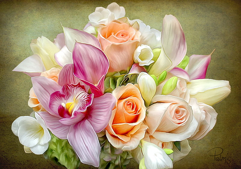 Bouquet, rose, bonito, sia, nice, gentle, painting, calla, flowers, harmony, art, colors, roses, elegantly, cool, orchid, drawing, flower, nature, HD wallpaper