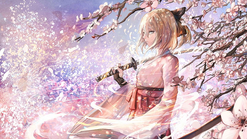 Saber, fate, sakura, japanese, manga, game, kimono, cherry blossom, stay, japan, anime, flowers, pink, HD wallpaper