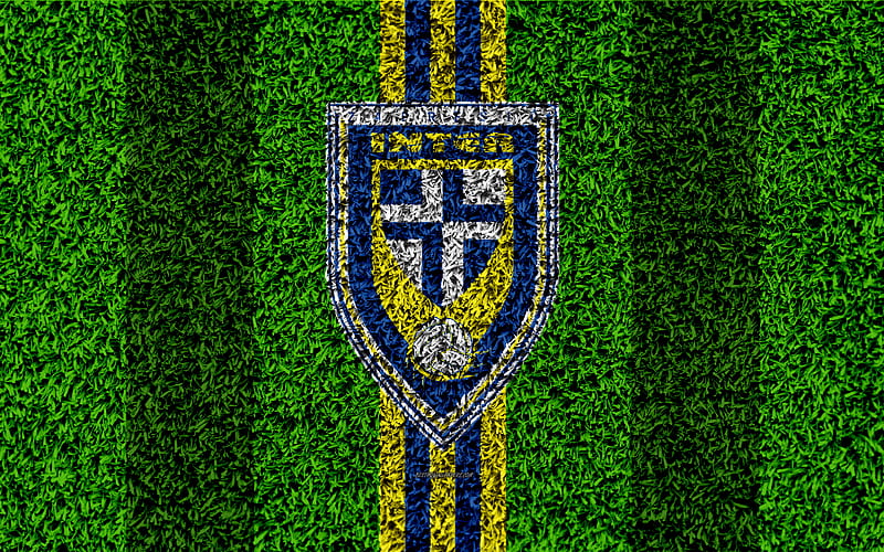NK Inter Zapresic football lawn, logo, Croatian football club, yellow blue lines, grass texture, HNL, Zapresic, Croatia, football, Croatian First Football League, Zapresic FC, HD wallpaper