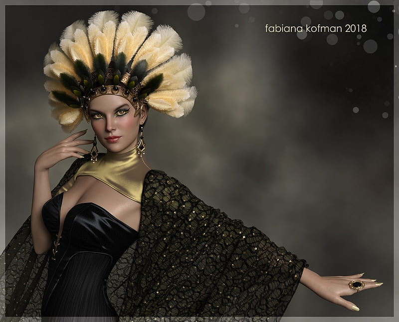 Bird queen, feather, fantasy, luminos, yellow, black, fabiana kofman, HD wallpaper
